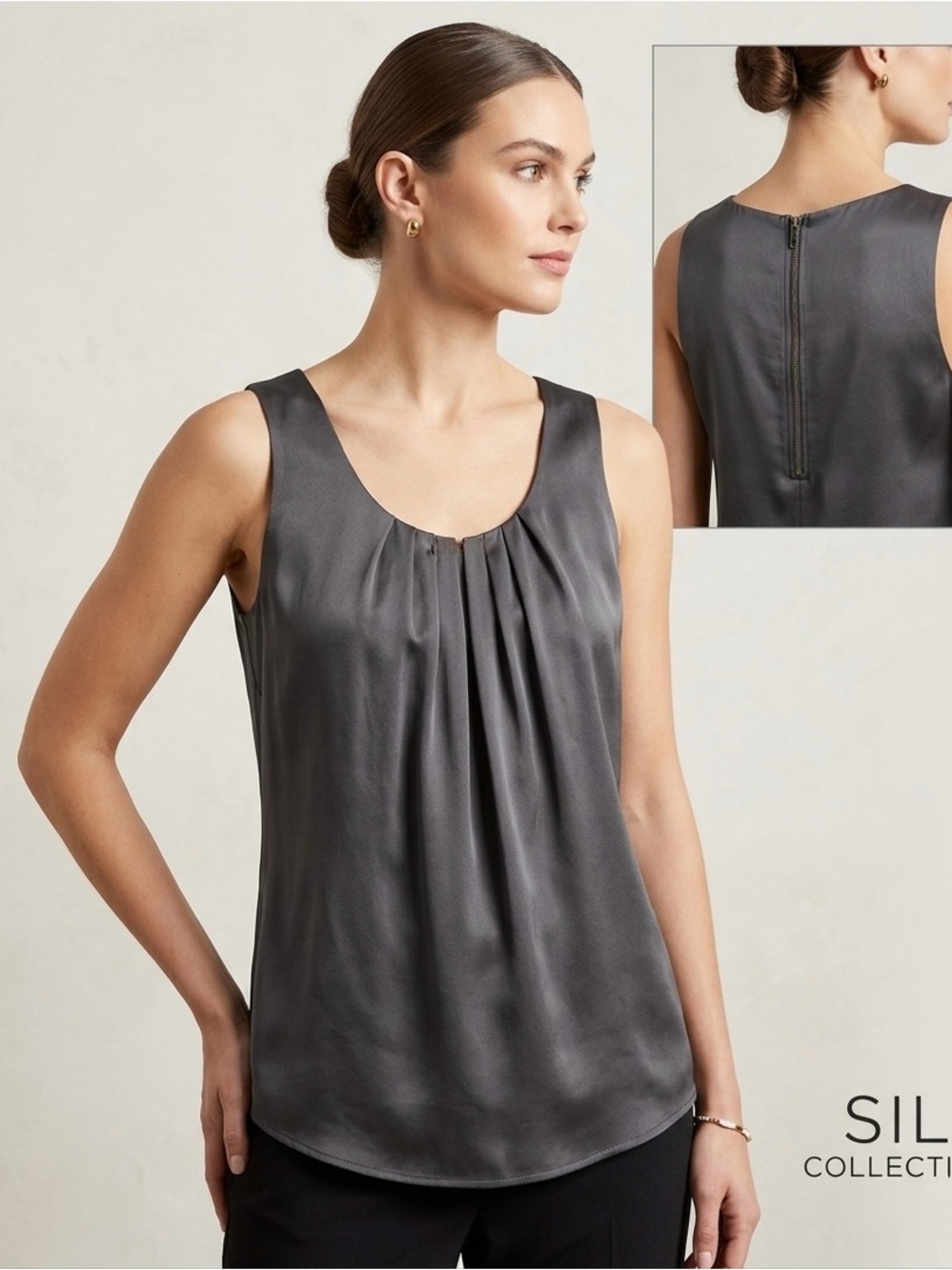 NWT Halogen Silk Blend Black Pleated Tank Top Medium Zip Back